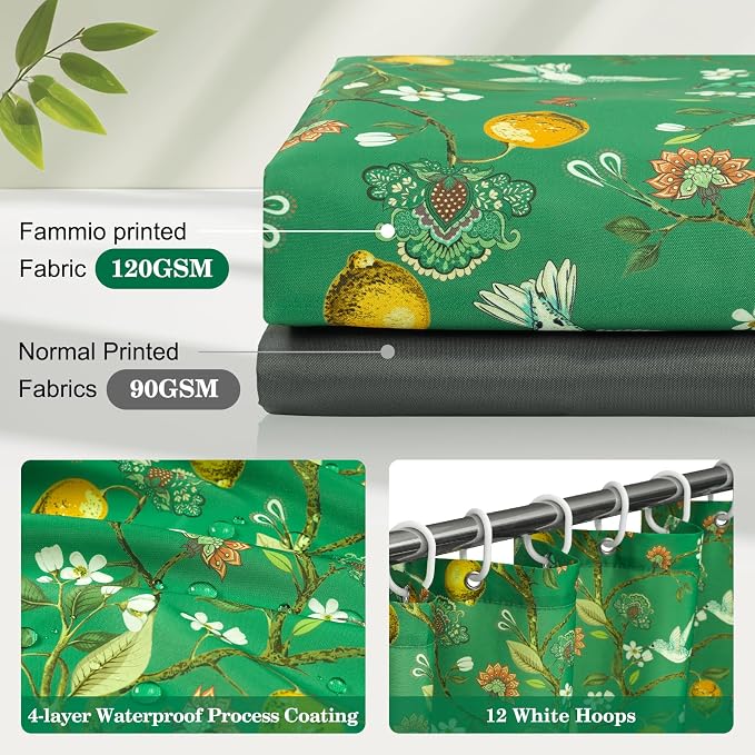 Green Floral Bird Shower Curtain 72x72, Hummingbird and Lemon Botanical Fabric Bath Curtains, Lightweight Quick-Dry Bathroom Decor Set with Hooks, Deep Green