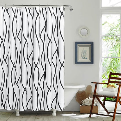 Fabric Modern Extra Long Shower Curtains for Bathroom-Black and White | 72"W x 84"L Textured Faux Linen Luxury Hotel Quality Washable-Abstract Wavy Cloth Bath Curtain-Apartment Minimalist Decor