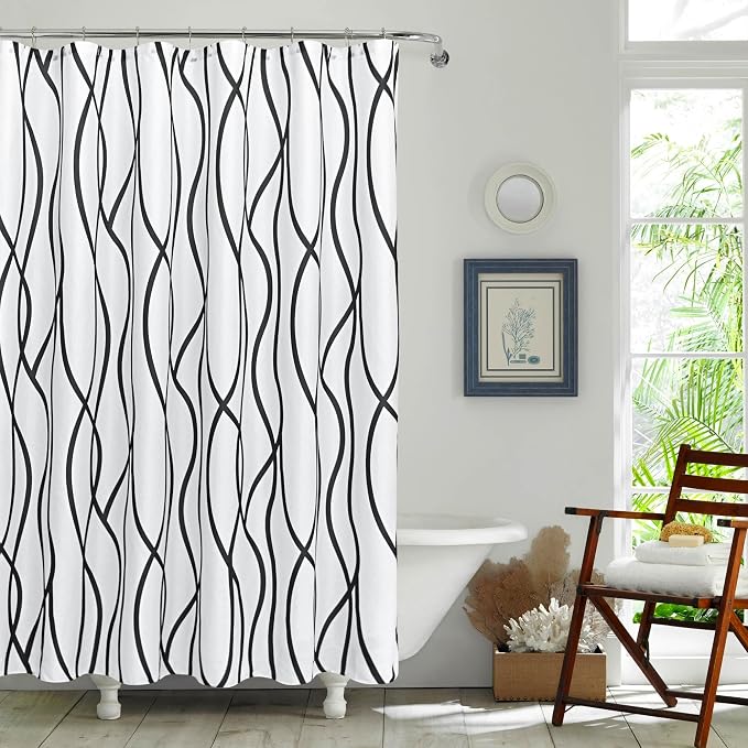 Fabric Modern Shower Curtain-Black and White Shower Curtains for Bathroom | 72"W x 72"L Textured Faux Linen Luxury Hotel Quality Washable-Abstract Wavy Cloth Bath Curtain-Apartment Minimalist Decor