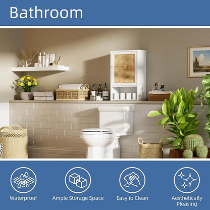 HITNET Bathroom Cabinet Wall Mounted, Rattan Medicine Cabinet, Bamboo Hanging Storage Organizer Over The Toilet with Adjustable Shelf for Living Room, Kitchen, Hallway (White)