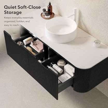 48 Inch Bathroom Vanity with Sink, Floating Wall Mounted Single Sink Vanity, Black Curved Fluted Front, Stone Top, Pure White Round Vessel Basin, Pre-Assembled