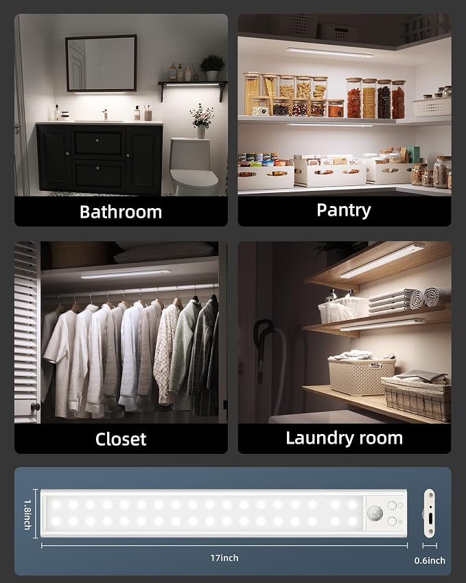 17" Under Cabinet Lights, Motion Sensor Light, Wireless Closet Lights, 4000mAh Rechargeable, Magnetic, 5 Levels Dimmable, 62 LEDs Super Bright Under Counter Lights for Kitchen (2 Pack)
