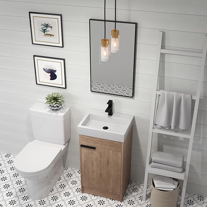 18 Inch Bathroom Vanity with Sink Combo, Floor-Mounted Bathroom Vanity with Soft Close Door&1 Adjustable Shelf,Modern Freestanding Bathroom Vanity with Top Basin & Storage Cabinet,Brown
