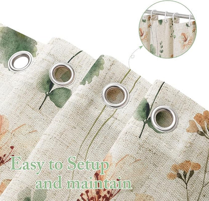 Sage Green Linen Watercolor Floral Fabric Shower Curtain, 72x78 | Linen Fabric, Modern Minimalist Floral Print, Machine Washable, Rustproof Grommets, for Bathroom Home