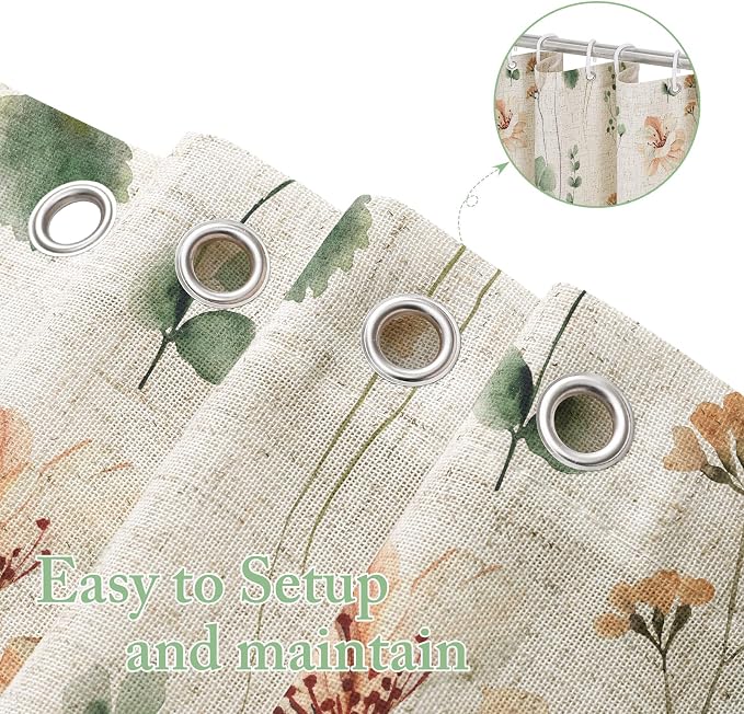Sage Green Linen Watercolor Floral Fabric Shower Curtain, 72x84 | Linen Fabric, Modern Minimalist Floral Print, Machine Washable, Rustproof Grommets, for Bathroom Home