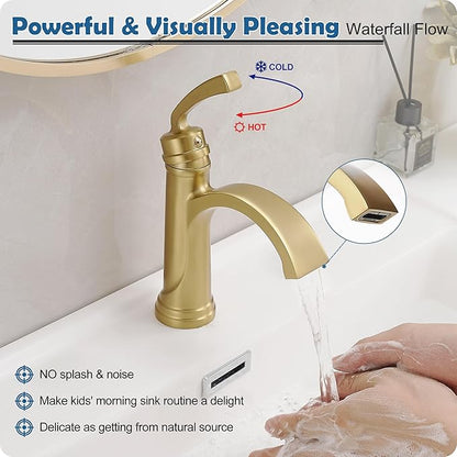 Brushed Gold Bathroom Faucet, Brass 1 Handle Bathroom Waterfall Sink Faucet 1 Hole or 3 Hole (4 Inch) with Pop Up Drain, Deck Plate, Extended 23.4 Inch Hoses for Farmhouse, Vanity, Restroom