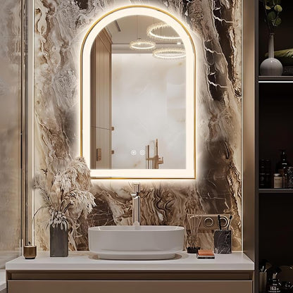 Arched LED Bathroom Mirror, 32"x20" Arch Backlit Vanity Mirror with Lights, Frontlit, Dimmable, 3 Colors, Memory Function, Anti-Fog Smart Mirror, Gold Frame, Shatterproof, UL Listed