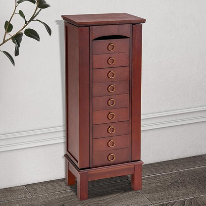 GOFLAME Standing Jewelry Cabinet Armoire, Jewelry Storage Organizer with Flip Top Mirror, 9 Drawers, 2 Side Doors, Space Saving Jewelry Chest Armoire for Necklaces, Earrings, Bracelets, Brown