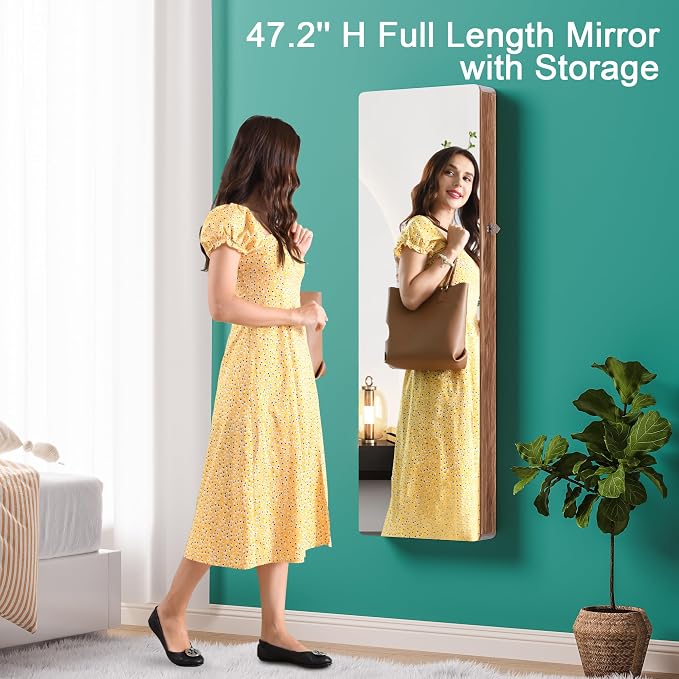 HNEBC Over the Door Jewelry Organizer with LED Lights, 47.2" Full Length Mirror with Storage, Wall Mounted Jewelry Armoire, Hanging Mirror with 2 Drawers,Lokable,3 Shelves(Wood)