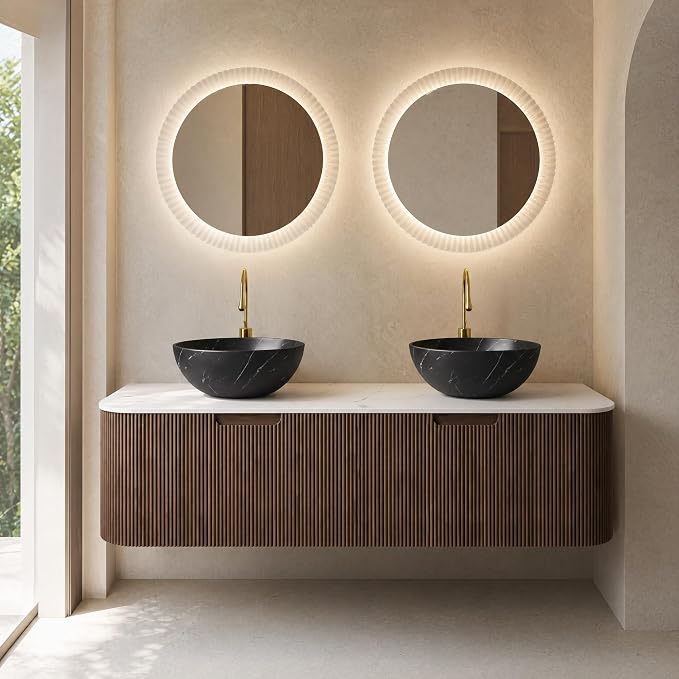 60 Inch Double Sink Bathroom Vanity, Floating Wall Mounted Cabinet, Dark Walnut Curved Fluted Front, Stone Top, Dual Black Marble Vessel Basins, Pre-Assembled