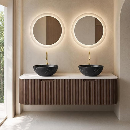 60 Inch Double Sink Bathroom Vanity, Floating Wall Mounted Cabinet, Dark Walnut Curved Fluted Front, Stone Top, Dual Black Marble Vessel Basins, Pre-Assembled