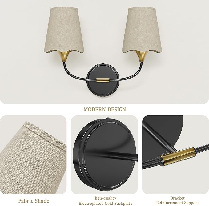 Morauroral Bathroom Light Fixtures Over Mirror, 2 Light Vanity Light for Bathroom, Black Gold Vanity Light Fixtures with Fabric Linen Shade, E26 Socket Sconce Wall Decor(ETL Listed)