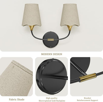 Morauroral Bathroom Light Fixtures Over Mirror, 2 Light Vanity Light for Bathroom, Black Gold Vanity Light Fixtures with Fabric Linen Shade, E26 Socket Sconce Wall Decor(ETL Listed)