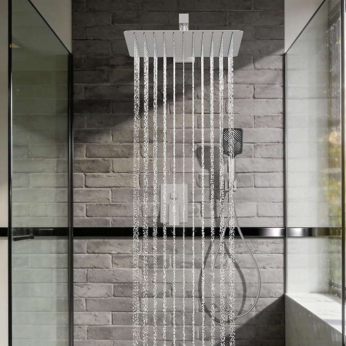 Shower System Modern Rain Brass Faucet Set With Valve and Diverter Shower Mixer With Handheld High Pressure Square Rainfall Shower Valve (12'' Wall Mount, Brushed Nickel)