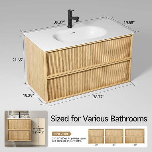 40" Japandi Floating Bathroom Vanity with Sink, Pre-Assembled Natural Oak Multi-Layer Solid Wood Bathroom Sink Vanity, Wall Mounted with Integrated Stone Top and 2 Soft Close Drawers