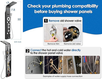 ROVOGO Shower Panel Tower System with Rainfall Mist Shower Head, Body Jets, Handheld and Tub Spout, Led Lights and Temp Display No Battery Needed, Unibody Shower Column 304 Stainless Steel Black