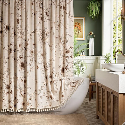 Vintage Floral Shower Curtain with 12 Clear Rings - 72" W x 72" L | Farmhouse Fabric Faux Linen Shower Curtain Set, French Country Cottagecore Style Shower Curtain for Bathroom