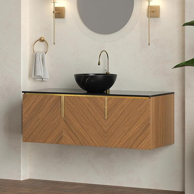 48 Inch Bathroom Vanity with Single Sink, Floating Bathroom Vanity with Vessel Sink, Modern Bathroom Vanity Cabinet with 3 Doors, Sintered Stone Countertop and Bowl Basin, Brown Oak