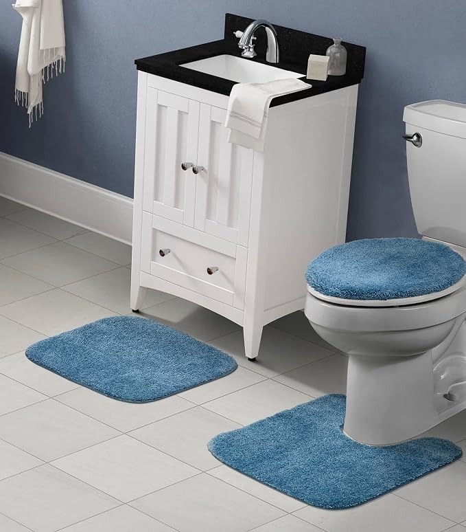 Garland Rug Traditional Nylon Washable Basin Blue 3 Piece Set - Lid, Contour, Bath Rug - Soft, Absorbent, and Stylish for Your Bathroom