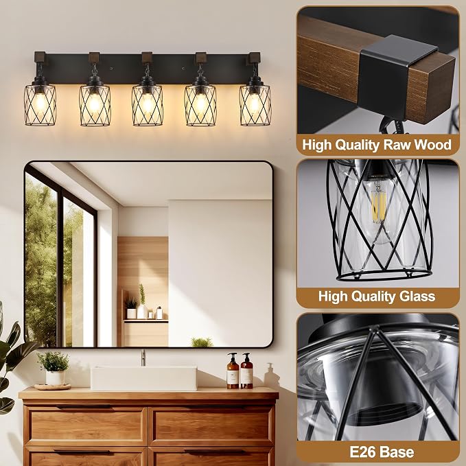 Bathroom Light Fixtures,Farmhouse Black Metal with Glass Shade | 5 Light Rustic Vanity Lights, Wood Accent Wire Cage Design, Mounts Over Mirror, Ideal for Bedroom & Hallway,Easy to Install