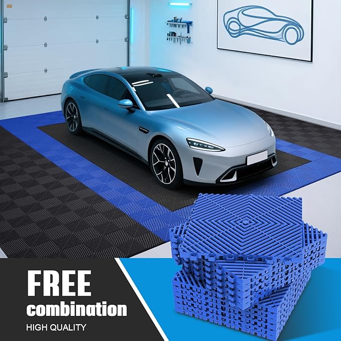 Jocoevol 12-Pcs Interlocking Tile, 12" x 12" Indoor/Outdoor Self-Drainage Interlocking Floor Tiles, Non-Slip Heavy-Duty Polypropylene Splicing Flooring Tile for Garage Patio Pool Bathroom, Blue