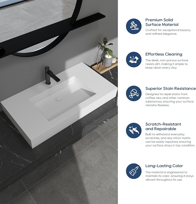 SJ Star&Jane 35" x 19" in Solid Surface Bathroom Sink, Wall-Mount or Countertop Vessel Sink, Rectangle Floating Vanity Sink, Pre-installed Faucet Holes, Durable Modern Design