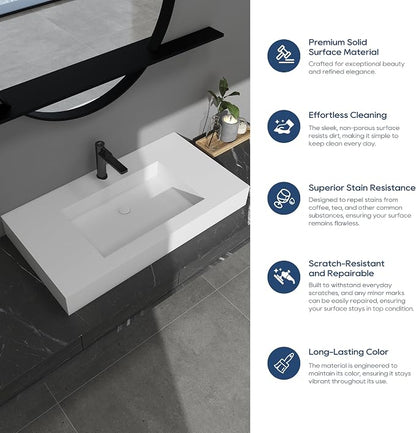SJ Star&Jane 35" x 19" in Solid Surface Bathroom Sink, Wall-Mount or Countertop Vessel Sink, Rectangle Floating Vanity Sink, Pre-installed Faucet Holes, Durable Modern Design