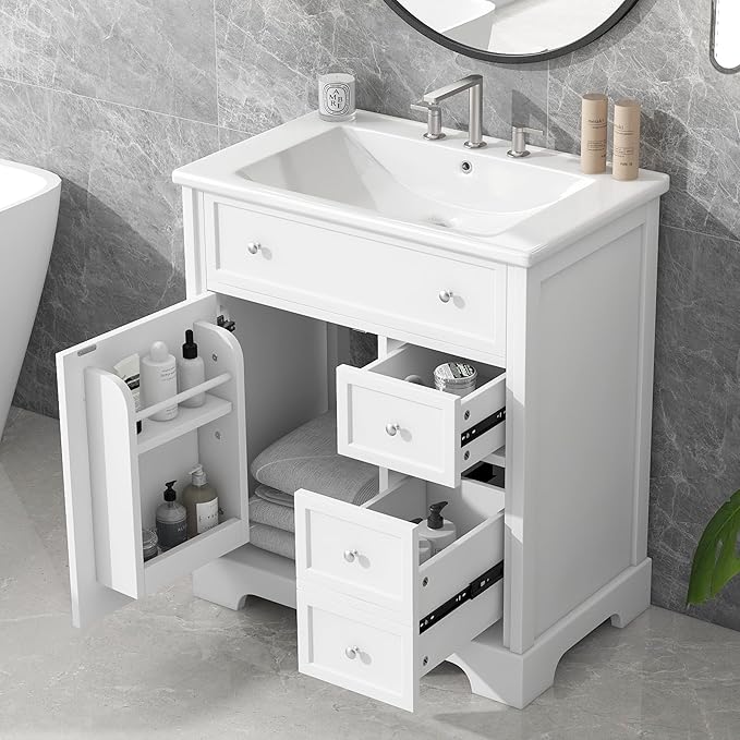 LUMISOL 30" Bathroom Vanity with Sink Combo, Solid Wood Bathroom Vanity with 2 Drawers and Storage Racks on Door, Freestanding Bathroom Storage Cabinet with Ceramic Basin Sink, White