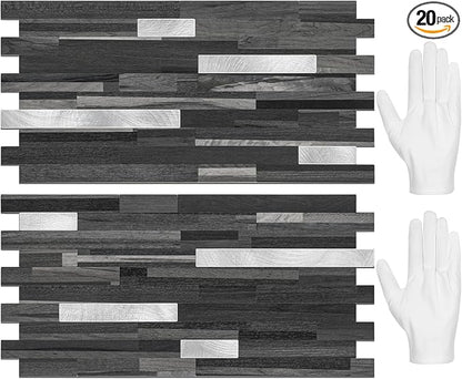 STICKGOO 20 Sheets Peel and Stick Backsplash Tile, Stick on Backsplash for Kitchen and Bathroom, Black Grey Wood Look PVC Mixed Metal Silver Self Adhesive Wall Tiles