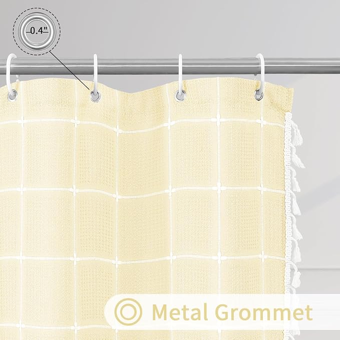 Yellow Cream Boho Farmhouse Shower Curtain for Bathroom 72x72 | 320 GSM French Country Plaid Tassel Shower Curtain, Rustic Aesthetic Bathroom Decor Windows Curtain