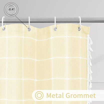 Yellow Cream Boho Farmhouse Shower Curtain for Bathroom 72x72 | 320 GSM French Country Plaid Tassel Shower Curtain, Rustic Aesthetic Bathroom Decor Windows Curtain