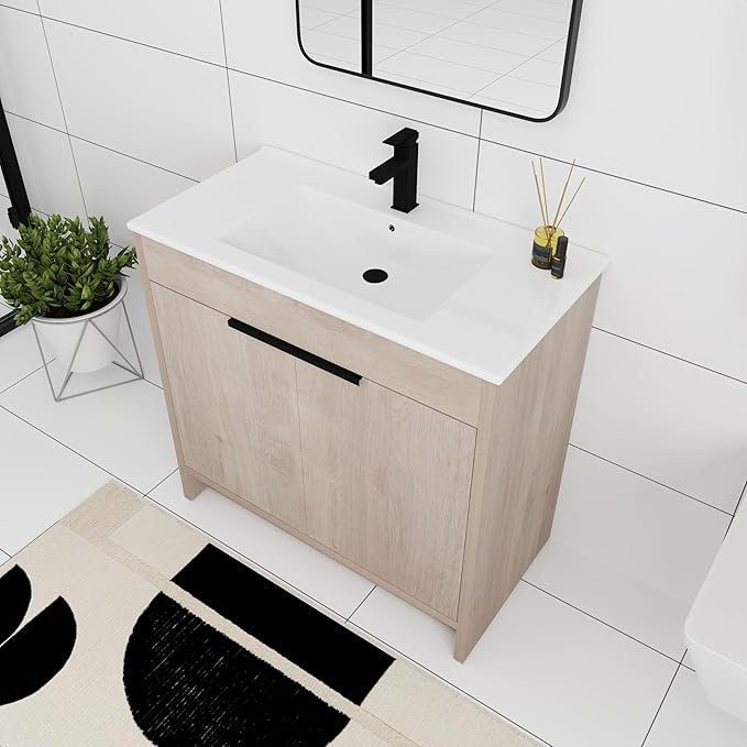 36'' Freestanding Bathroom Vanity, 36 Inch Floor Stand Bathroom Vanity with Sink, Single Ceramic Sink Cabinet Set, Modern Storage Cabinet, with Soft Closing Door, 02436PLO+9090B