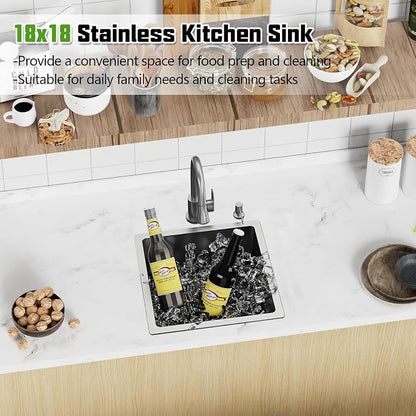 18x18 In Undermount Kitchen And Bar Sink- Stainless Steel Single Bowl Kitchen Sink Modern Drop In Bar Sink With Silicon Mat,Drain Strainer Set Compatibility With Various Kitchen & Bar Style