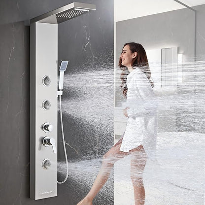 6 in1 Multi-Function Shower Panel Tower System-Brushed Gray | 304 stainless steel Shower Panel Column Tower with Powerful Body Massage, Rainfall, Waterfall,Handheld and Tub Spout