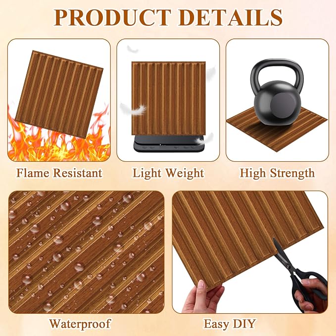 Nuanchu 32 Pcs 3D Wall Panels, 12"x12" PVC Fluted Tiles, Walnut | Waterproof Accent Panels, Paintable Wall Tiles, for TV Background, Bedroom, Bathroom, Gaming Room, Cuttable Home DIY Decor