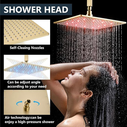 Aolemi Ceiling Shower Faucet Set with Handheld 12" LED Head Brushed Gold | Handheld Spray,12 Inch Rain LED Head,Shower Valve and Trim Kit,All Metal,Ceiling System,Bathroom Mixer