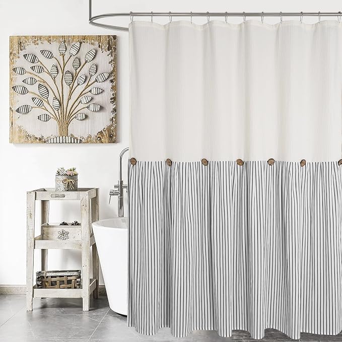 DOSLY IDÉES Farmhouse Shower Curtain, Beige and Black Striped, Button Curtain, Spa Waffle and Cotton Woven Fabric, Rustic Charm Country Chic Style, 72x78 in