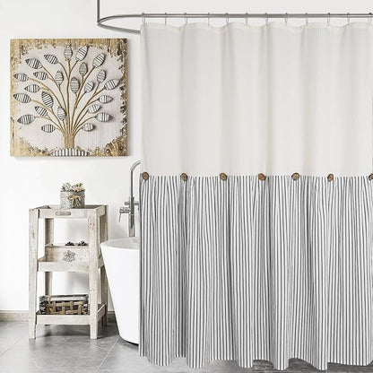 DOSLY IDÉES Farmhouse Shower Curtain, Beige and Black Striped, Button Curtain, Spa Waffle and Cotton Woven Fabric, Rustic Charm Country Chic Style, 72x78 in