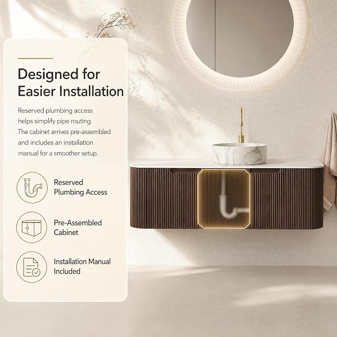 48 Inch Bathroom Vanity with Sink, Floating Wall Mounted Single Sink Vanity, Dark Walnut Curved Fluted Front, Stone Top, Marble-Look Round Vessel Basin, Pre-Assembled