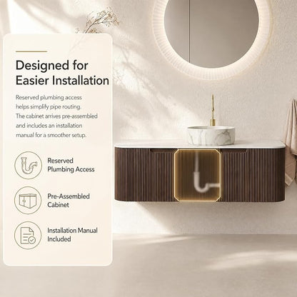 48 Inch Bathroom Vanity with Sink, Floating Wall Mounted Single Sink Vanity, Dark Walnut Curved Fluted Front, Stone Top, Marble-Look Round Vessel Basin, Pre-Assembled