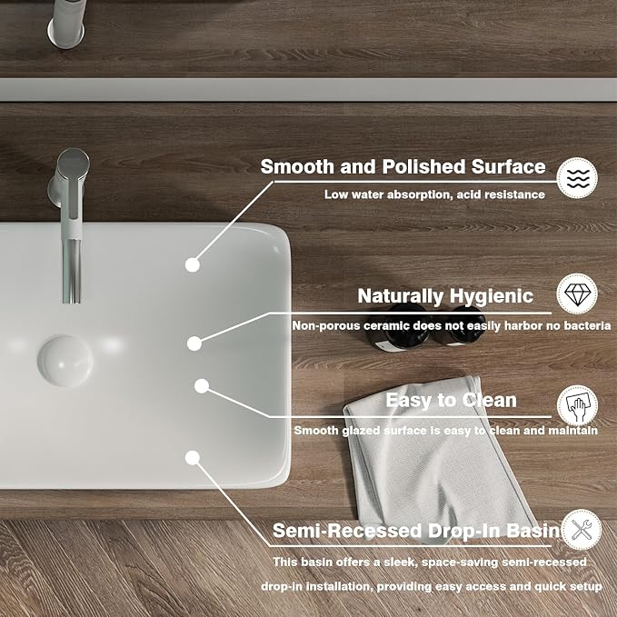 19"x12" Semi-Recessed Vanity Sink – Compact for Small Bath/Powder | High‑fired for chip‑resistant durability Non‑porous glaze repels stains & odors Ultra‑smooth surface – wipe smudge‑free