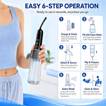 Xavilo Travel Portable Electric Bidet, 3 Pressure Levels & 2 Spray Modes | 150° Foldable Nozzle, 350ml Tank, 100 Uses/Charge, 60°C Warm Water Safe, IPX7 Waterproof, Handheld Sprayer for Home & Camping
