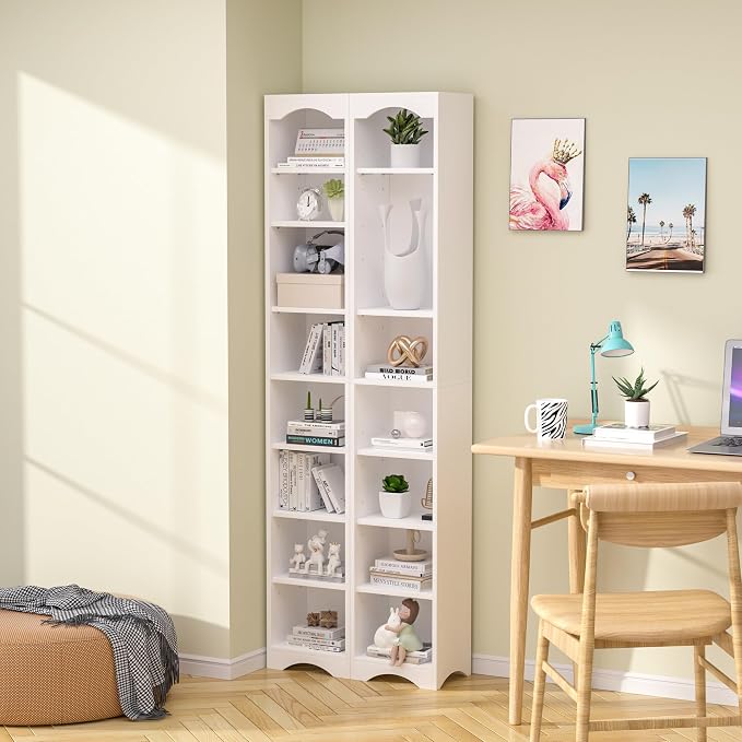 VECELO Curved Top Narrow Tall Bookshelf, 6 Adjustable Movable Shelves, Wood Space Saving Corner Storage Organizer, Pearl White