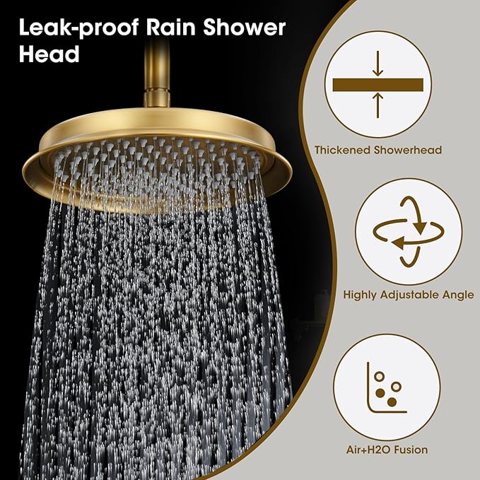 Rain Shower Head with Handheld Spray, Rainfall Shower System with Rough-in Valve, Luxury Shower Trim Kit Wall Mount, Brushed Gold