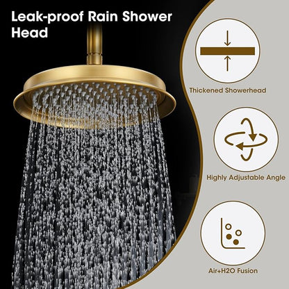 Rain Shower Head with Handheld Spray, Rainfall Shower System with Rough-in Valve, Luxury Shower Trim Kit Wall Mount, Brushed Gold