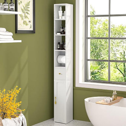 VECELO Tall Narrow Storage Cabinet with 3 Adjustable Shelves, Slim Freestanding Bathroom Cabinet with Toilet Paper Holder, Magnetic Door & Drawer, for Small Spaces, 7.9" D x 7.9" W x 67" H, White