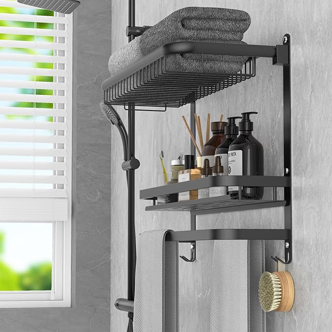 Foldable 23.22 Inch Rowel Rack Wall Mounted with Bathroom Shower Shelves Stainless Steel Towel Bar Without Drilling and Screw Installation (Black)