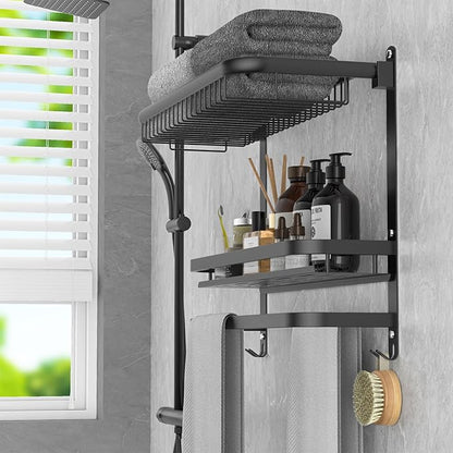 Foldable 23.22 Inch Rowel Rack Wall Mounted with Bathroom Shower Shelves Stainless Steel Towel Bar Without Drilling and Screw Installation (Black)