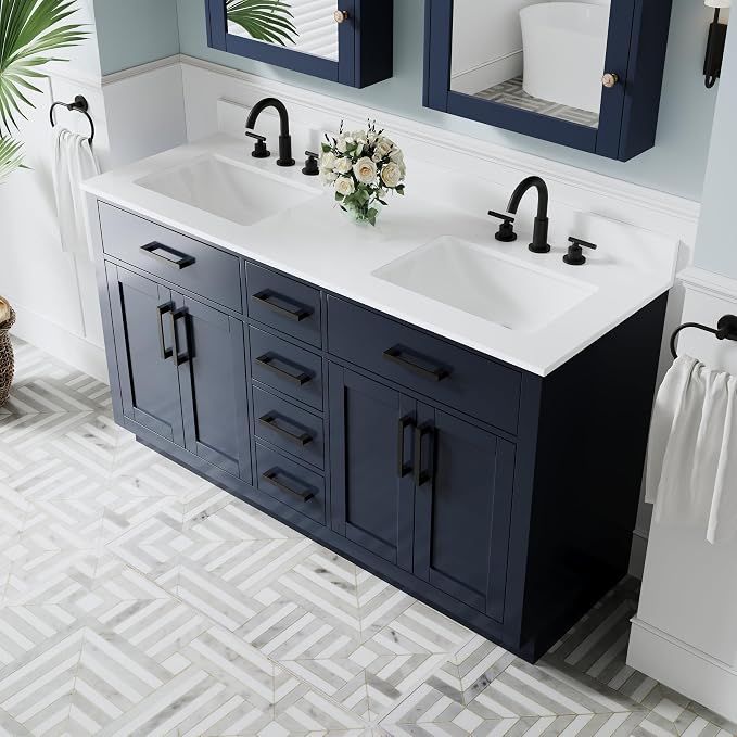 60-Inch Bathroom Vanity with Double Sinks W/ 4 Doors & 4 Drawers & 2 Flip Drawers, Navy Blue Vanity W/Matte Black Handles