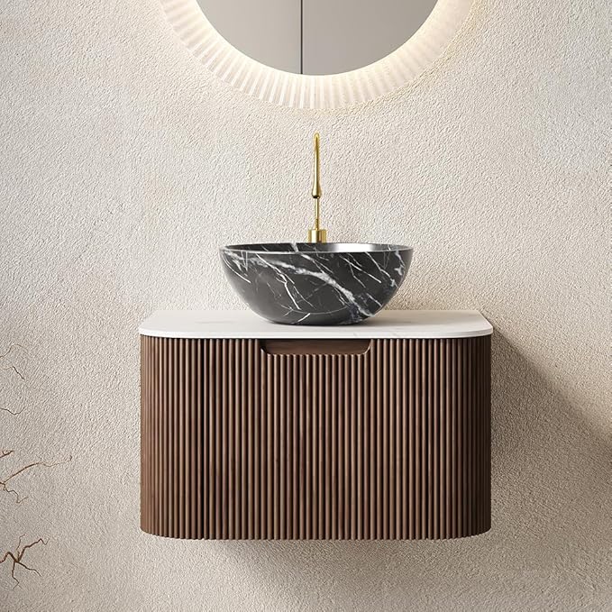 24'' Bathroom Vanities Cabinet with Sink Combo, Wall Mounted Floating Cabinet W/Curved Edges Stripes, Oak Plywood, Soft-Close System with a Drawer, Black Bowl Ceramic Basin - Kiel, Dark Walnut/R